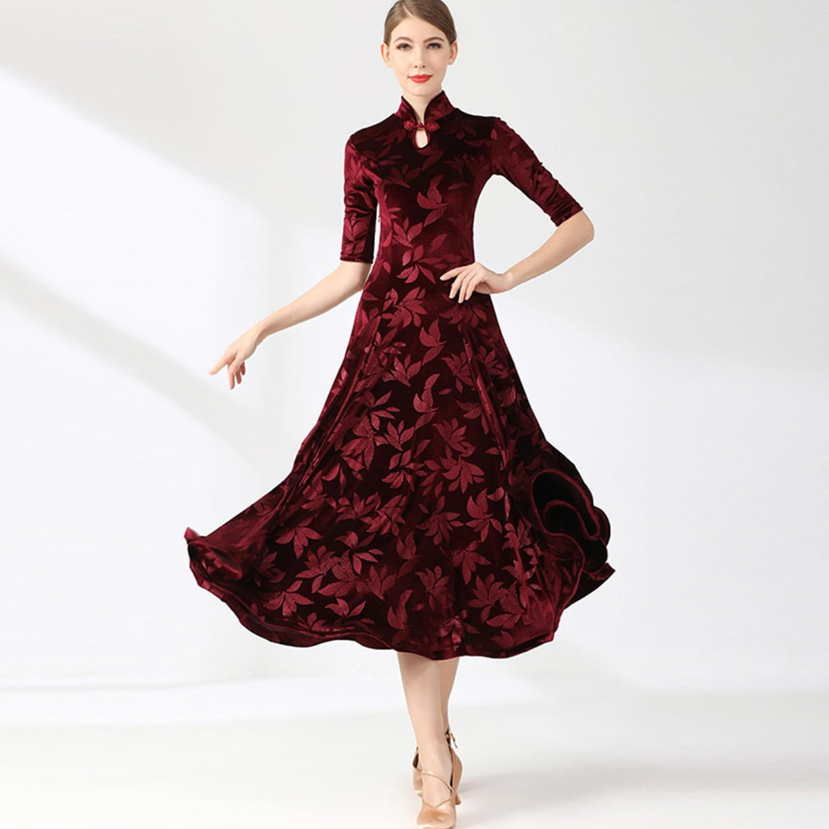 thumbnail image 5 of Women's evening cheongsam long dress. Short - sleeve, slim - fit maxi. Floral faux silk, stand - collar bodycon style., 5 of 6