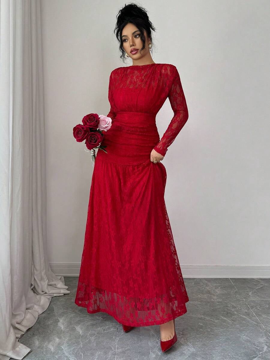 thumbnail image 3 of Red Lace Ruched Long Sleeve Bodycon Maxi Dress For Evening Or Party, 3 of 30