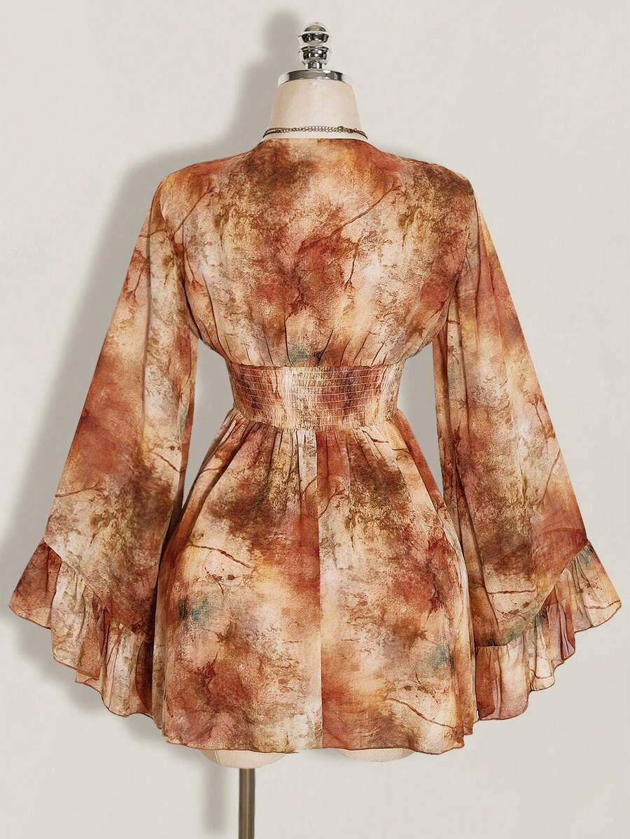 thumbnail image 2 of Womens Multicolor Abstract Print V-Neck Bell Sleeve Mini Dress, 2 of 10