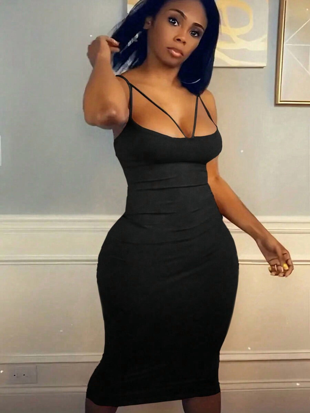 thumbnail image 3 of Plus Size Black Spaghetti Strap Bodycon Dress With Crisscross Detail, 3 of 5