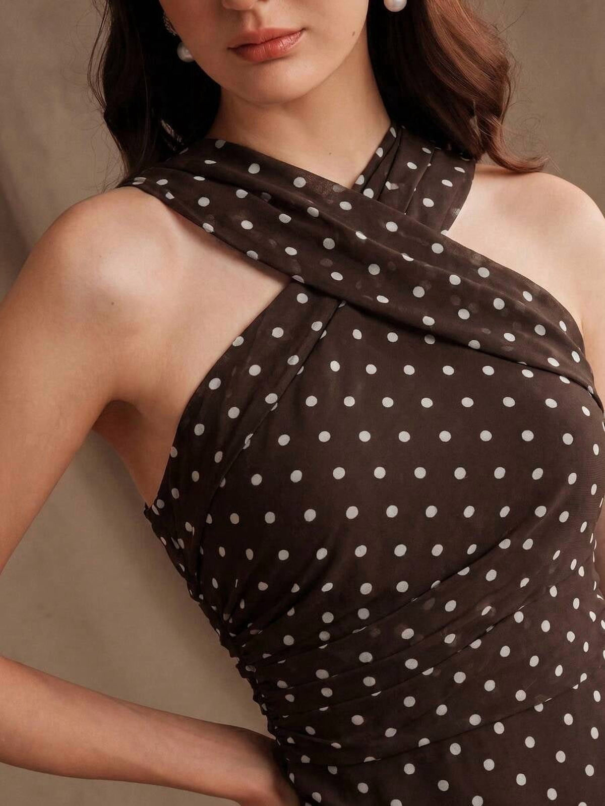 thumbnail image 2 of Womens Coffee Polka Dot Halter Neck Sleeveless Maxi Dress, 2 of 7
