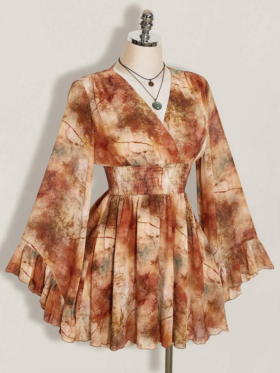 thumbnail image 3 of Womens Multicolor Abstract Print V-Neck Bell Sleeve Mini Dress, 3 of 10