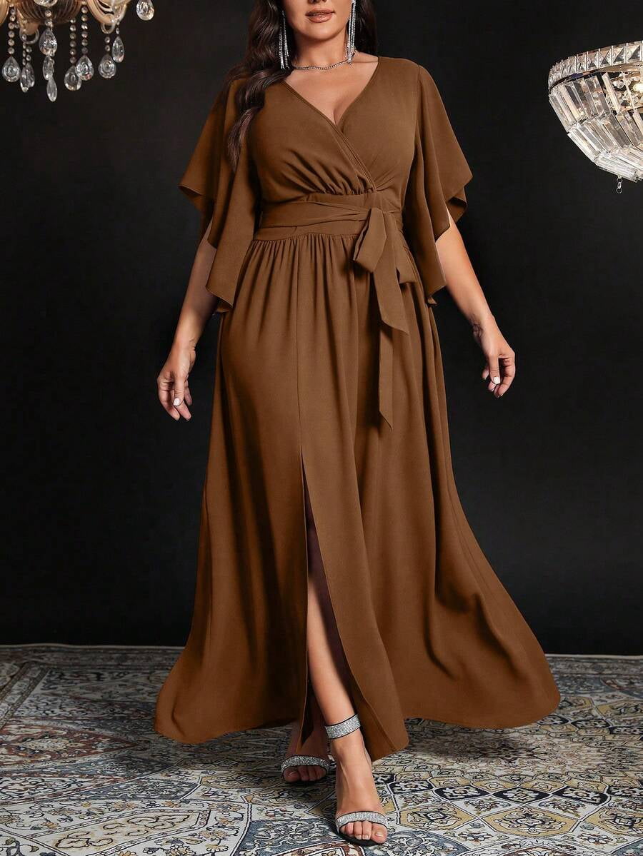 thumbnail image 7 of Dress Brown Tie Waist Flutter Sleeves Split Hem Elegant Party Gown, 7 of 7