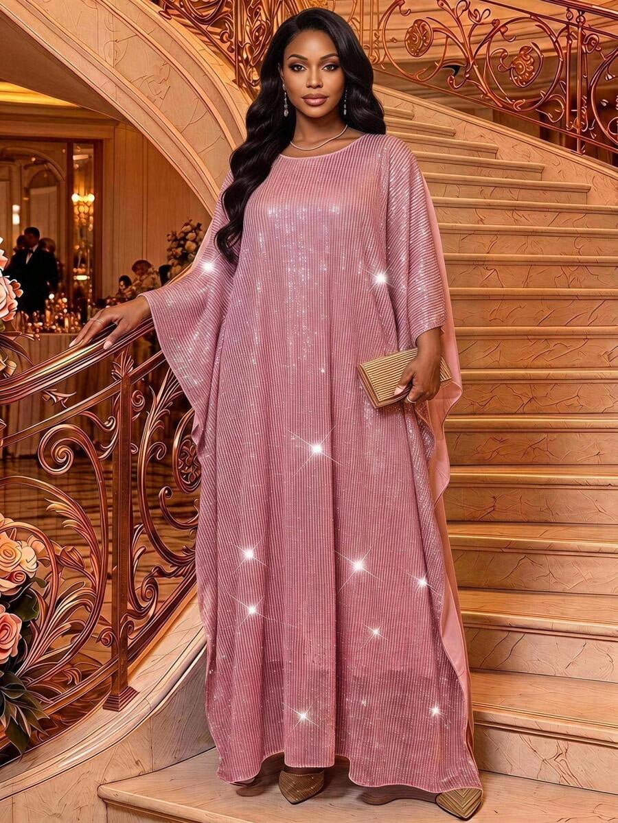 thumbnail image 5 of Plus Size Elegant Coral Pink Sequin Mesh Batwing Sleeve Loose Caftan, 5 of 7