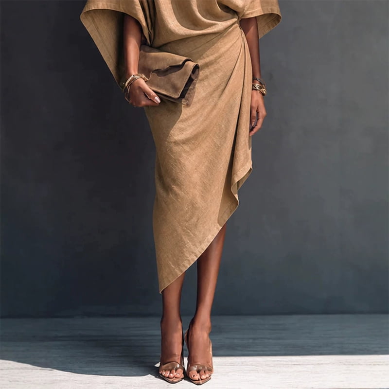 thumbnail image 3 of Morttic Women's Batwing Sleeve Solid Color Crew Neck Ruched Waist Irregular Hem Formal Midi Dress Chic for Vacation Party Khaki，S, 3 of 4