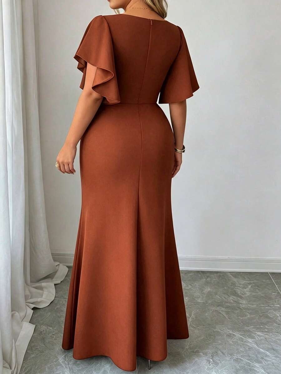 thumbnail image 5 of Womens Rust Brown Ruched Waist Cross V-Neck Long Dress With Ruffle Sleeves, 5 of 5
