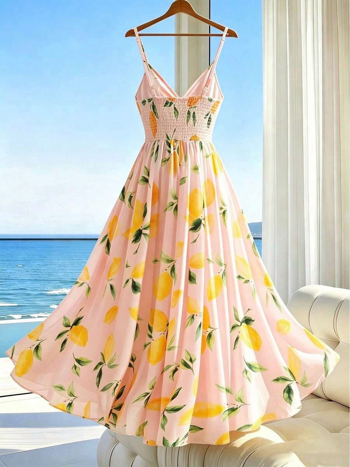 thumbnail image 2 of Womens Baby Pink Lemon Print Spaghetti Strap Summer Dress Full Skirt, 2 of 5