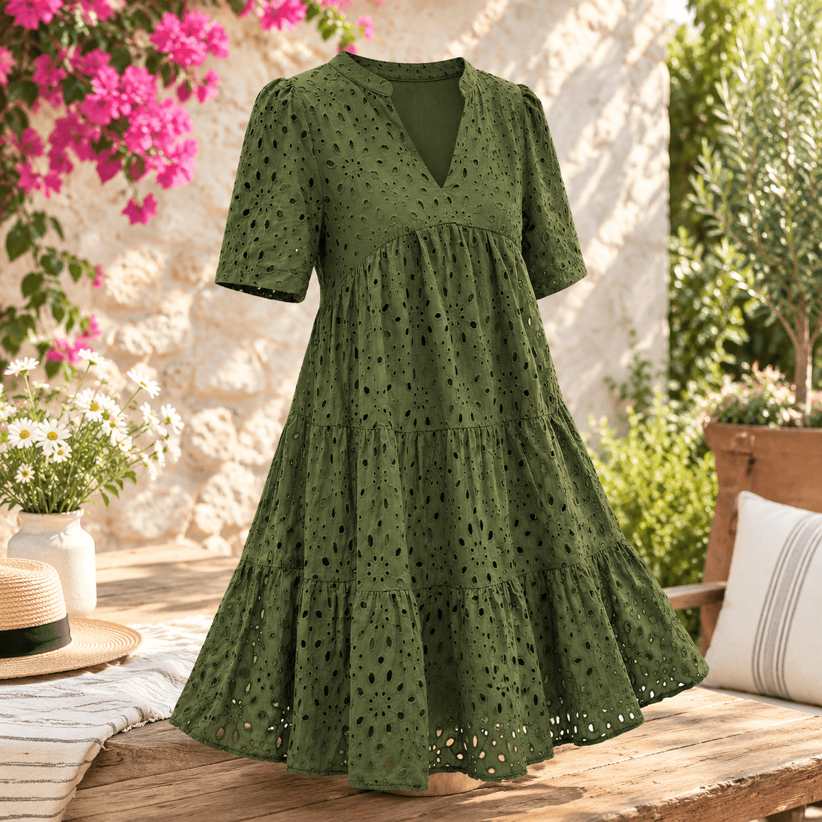 thumbnail image 5 of Lace Hollow Out Eyelet Mini Boho Summer Dress for Women, Army Green, Small, 5 of 8