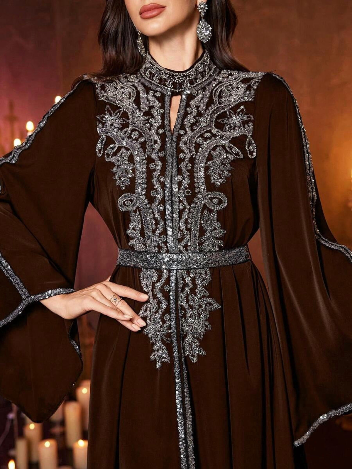 thumbnail image 5 of Coffee Brown Womens Luxury Evening Kaftan Maxi Dress Sequin Embroidered, 5 of 6