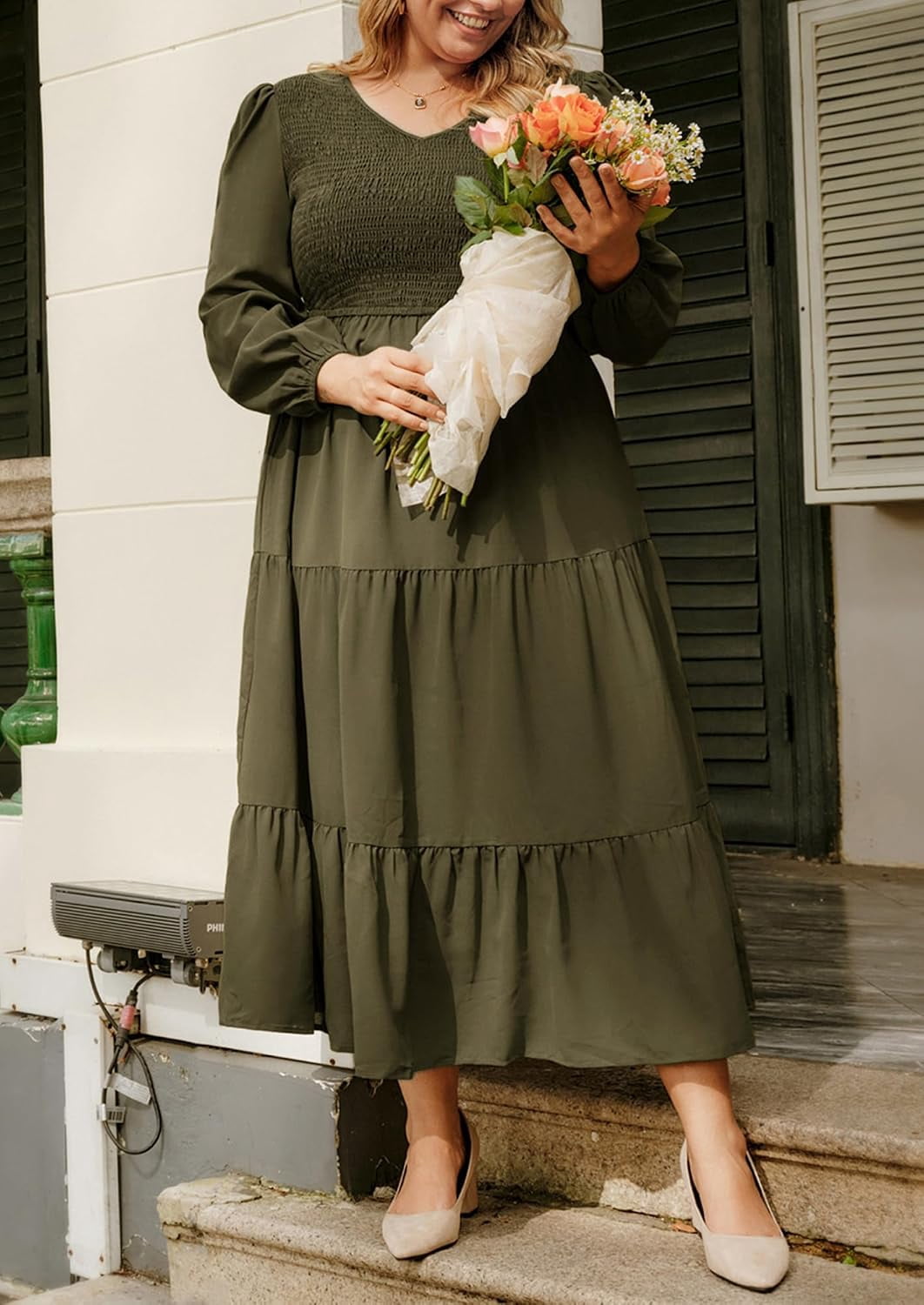 thumbnail image 3 of Women Plus Size Fall Dresses Long Sleeve V Neck Dress Maxi Casual Flowy Tiered 2026 Dress with Pockets, 3 of 5
