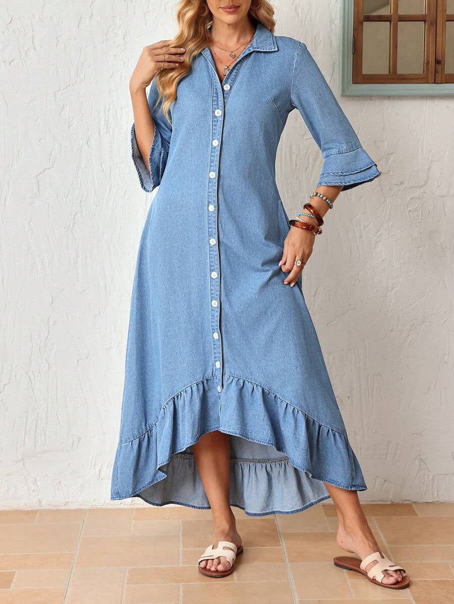 thumbnail image 5 of Womens Light Blue Denim Shirt Dress, Retro 70s Style Bell Sleeves, 5 of 8