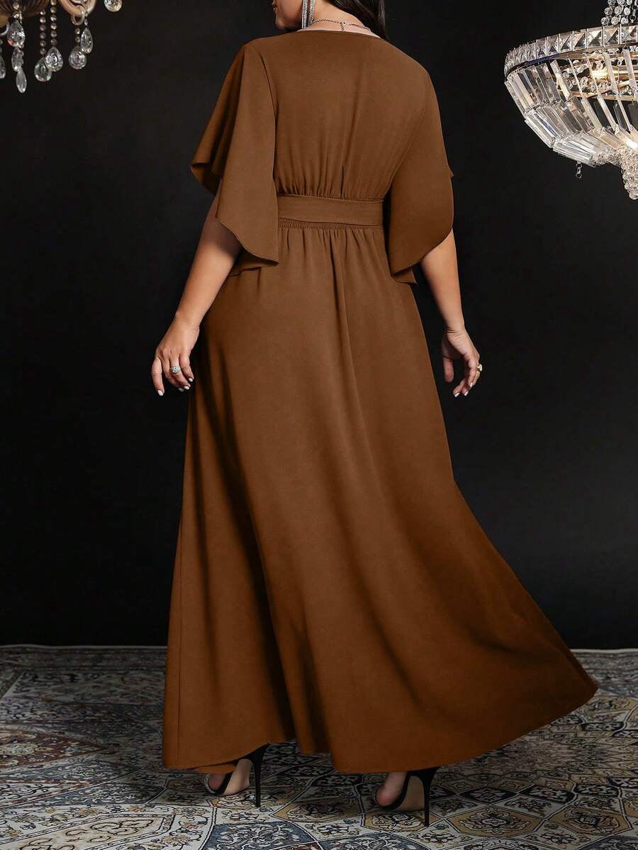 thumbnail image 2 of Dress Brown Tie Waist Flutter Sleeves Split Hem Elegant Party Gown, 2 of 7