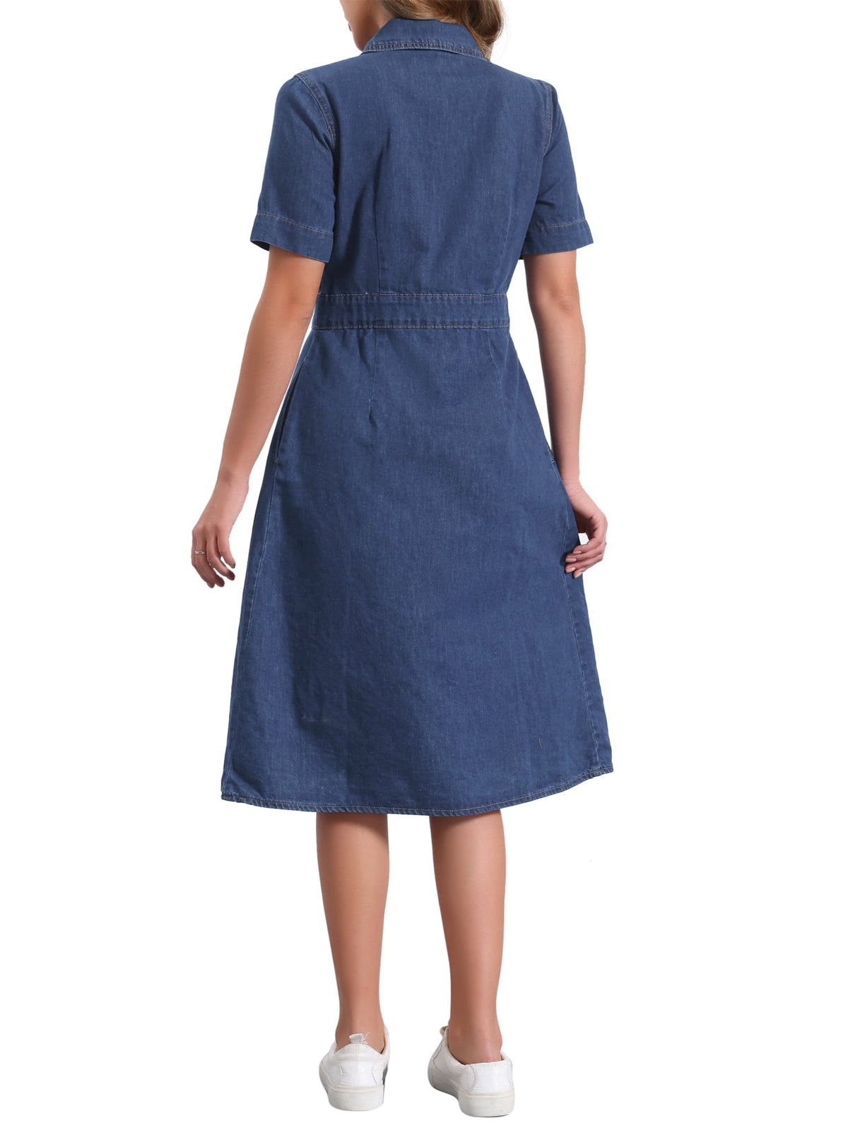 thumbnail image 3 of INSPIRE CHIC Women's Denim Dress Short Sleeves Turndown Collar A-Line Button Up Jean Midi Dresses S Dark Blue, 3 of 6