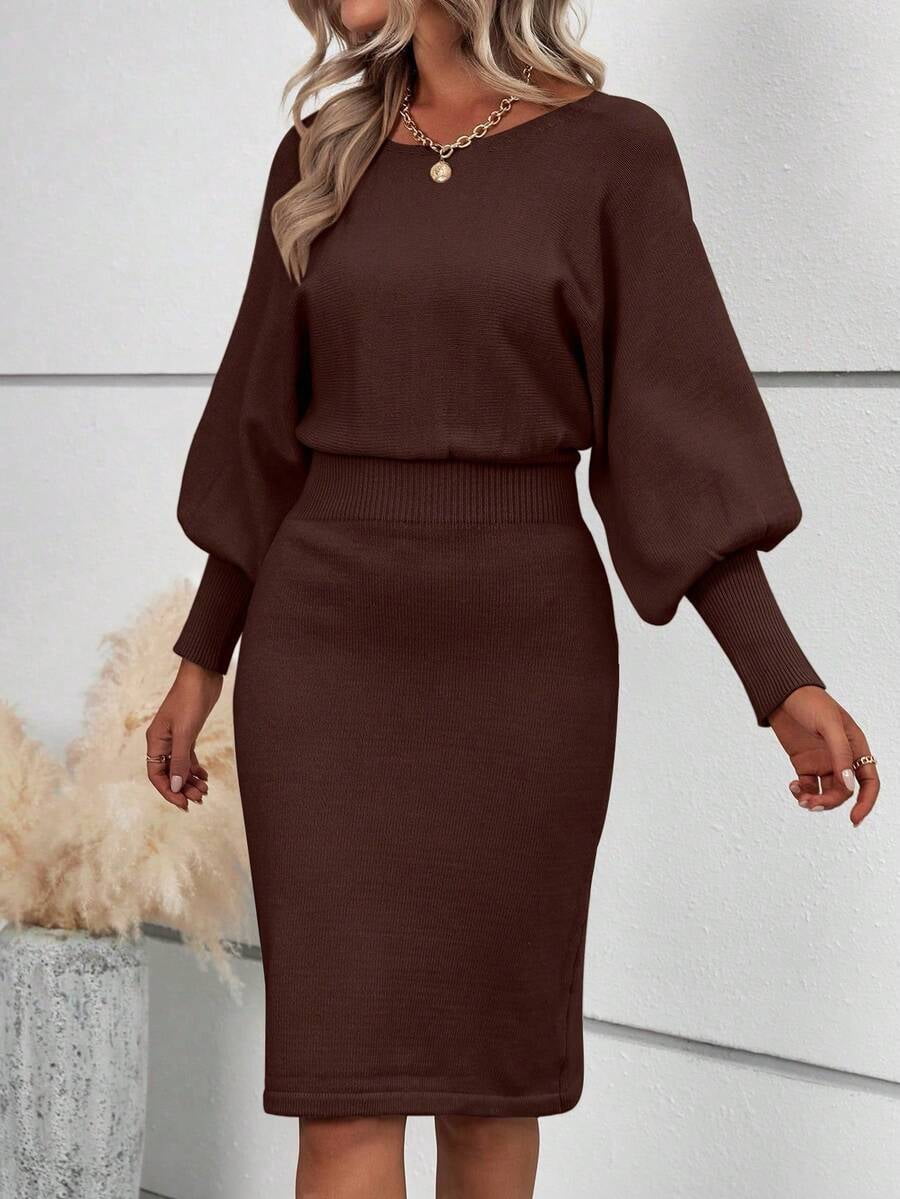thumbnail image 6 of Coffee Brown Solid Lantern Sleeve Rib Knit Sweater Dress Fall Winter Cloth, 6 of 6