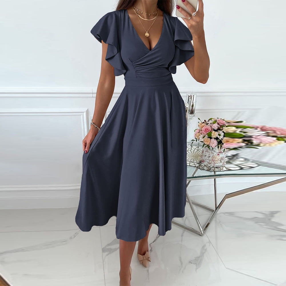 thumbnail image 4 of Fjuchai Women's Chiffon Dresses Short Sleeve V Neck Casual Ruffle Swing Dress S-XXL, 4 of 9