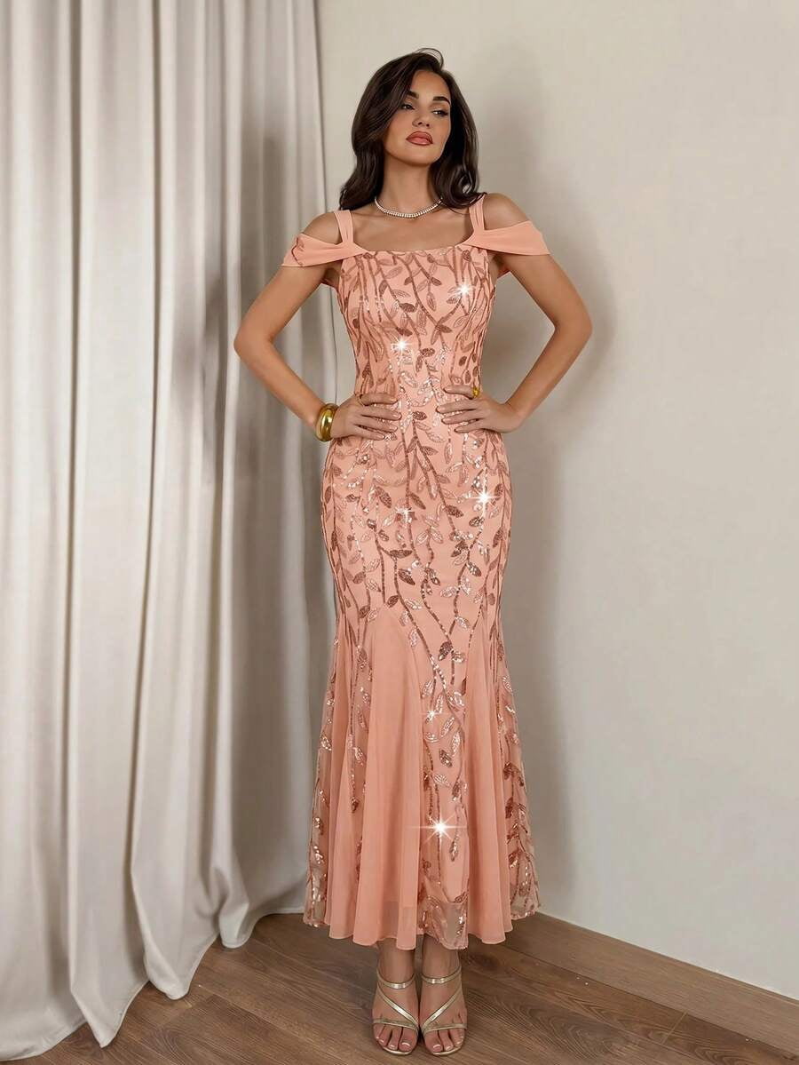 thumbnail image 4 of Dusty Pink Sequin Mermaid Evening Gown, Off-Shoulder Long Formal Party, 4 of 10