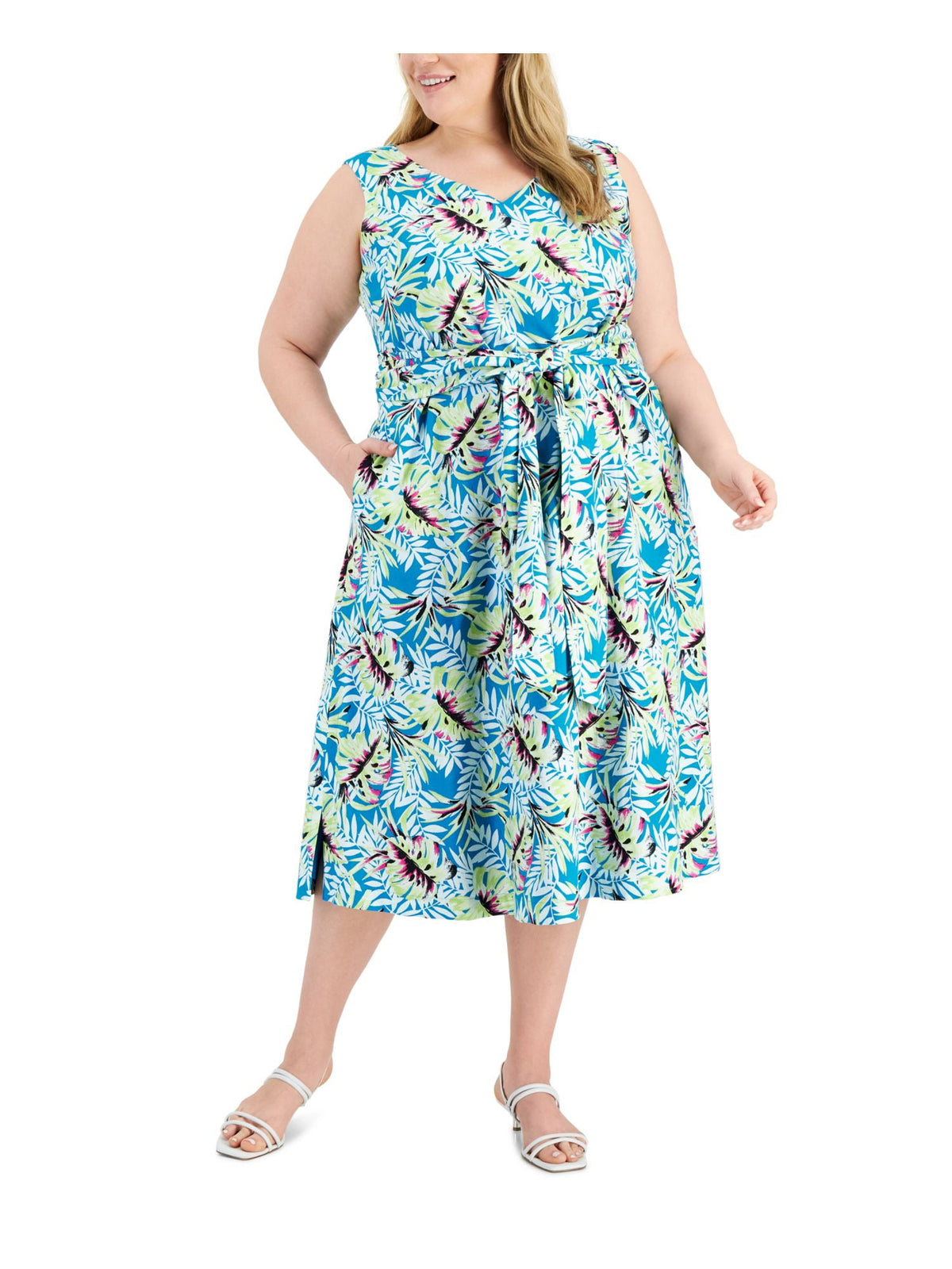 thumbnail image 1 of ANNE KLEIN Womens Teal Tie Lined Hook And Eye Closure Printed Sleeveless V Neck Midi Fit + Flare Dress Plus 3X, 1 of 4