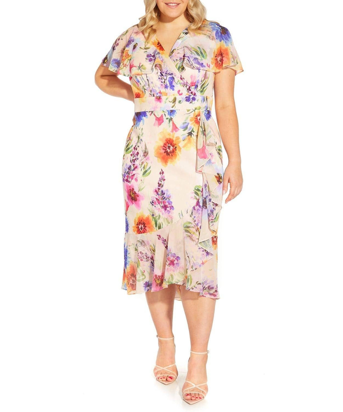 thumbnail image 1 of Adrianna Papell Women's Plus Size Floral Ruffled Midi Dress 24, Multicolor, 1 of 5