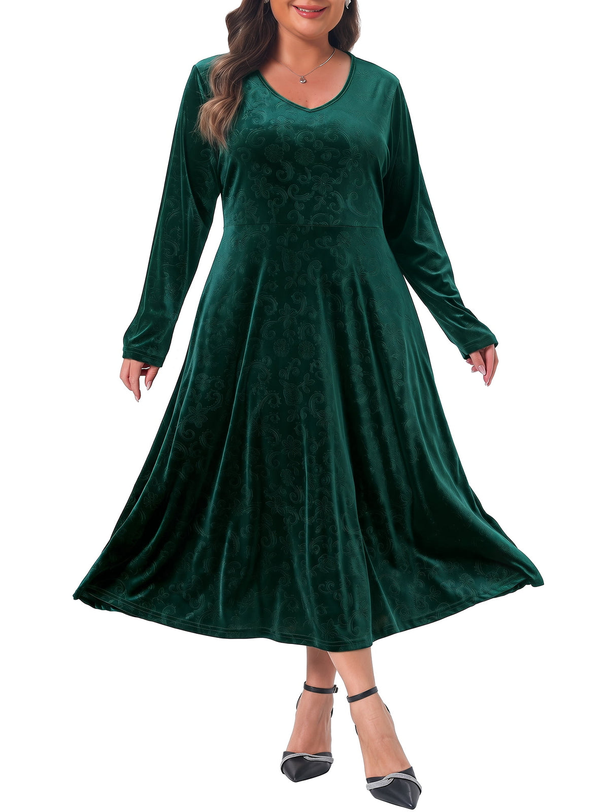 thumbnail image 1 of Agnes Orinda Women's Plus Size Halloween Outfits Velvet Jacquard V Neck Long Sleeve Flowy Dress Cocktail Evening Party Maxi A Line Dresses L Green, 1 of 9