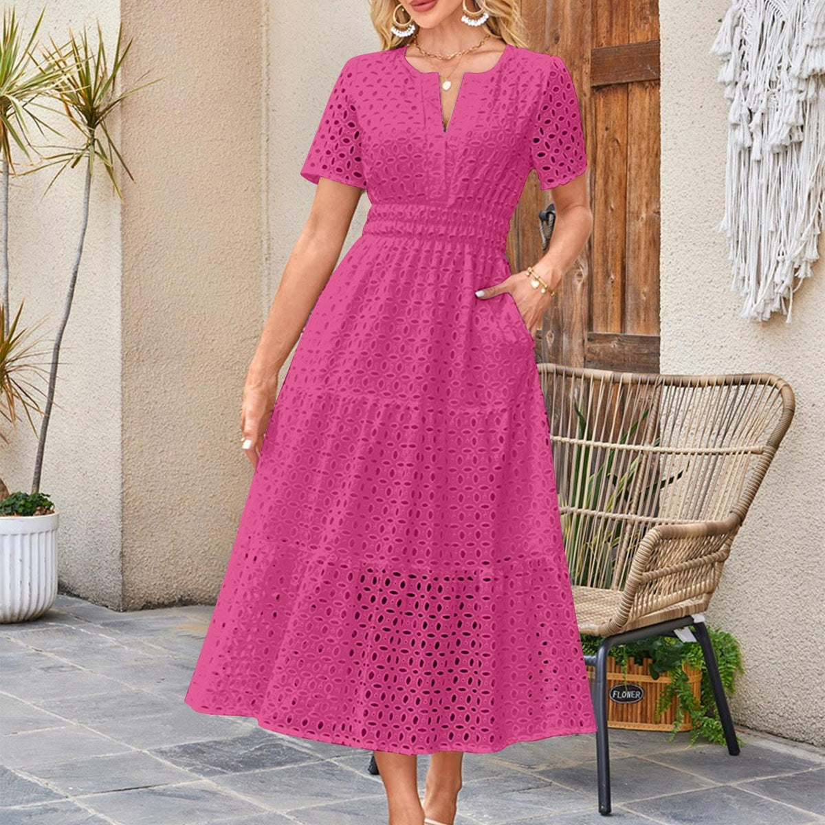 thumbnail image 1 of Aobny Tummy Control Sexy Dresses for Women Going Out Cotton Pink A-Line Eyelet Midi Short Sleeve Vacation Dresses, 1 of 5
