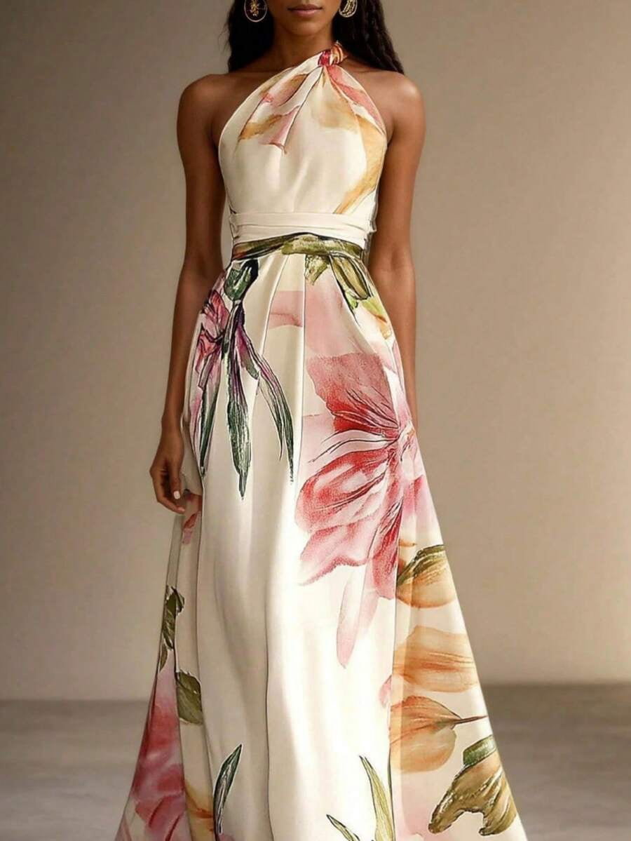 thumbnail image 1 of Apricot Floral Halter Maxi Dress With Belt, Sleeveless Elegant Evening Gown, 1 of 5