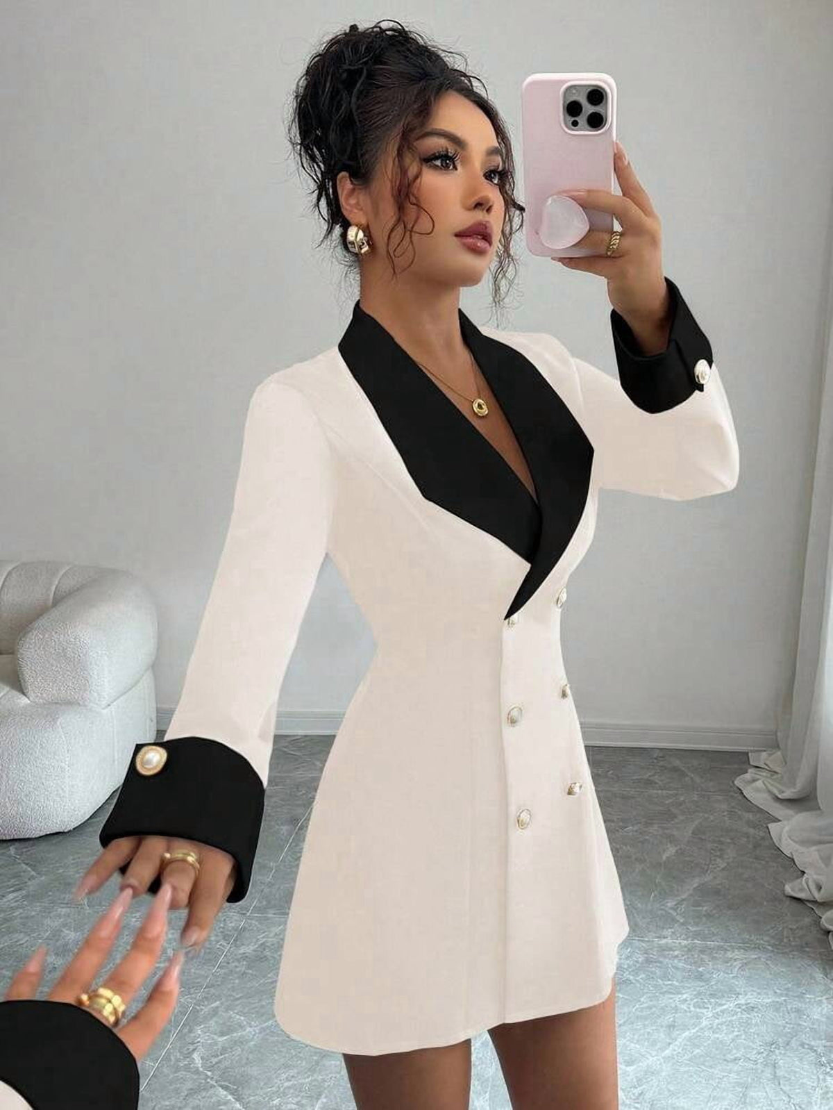 thumbnail image 1 of Apricot Long Sleeve Double Breasted Blazer Dress with Contrast Lapels, 1 of 6