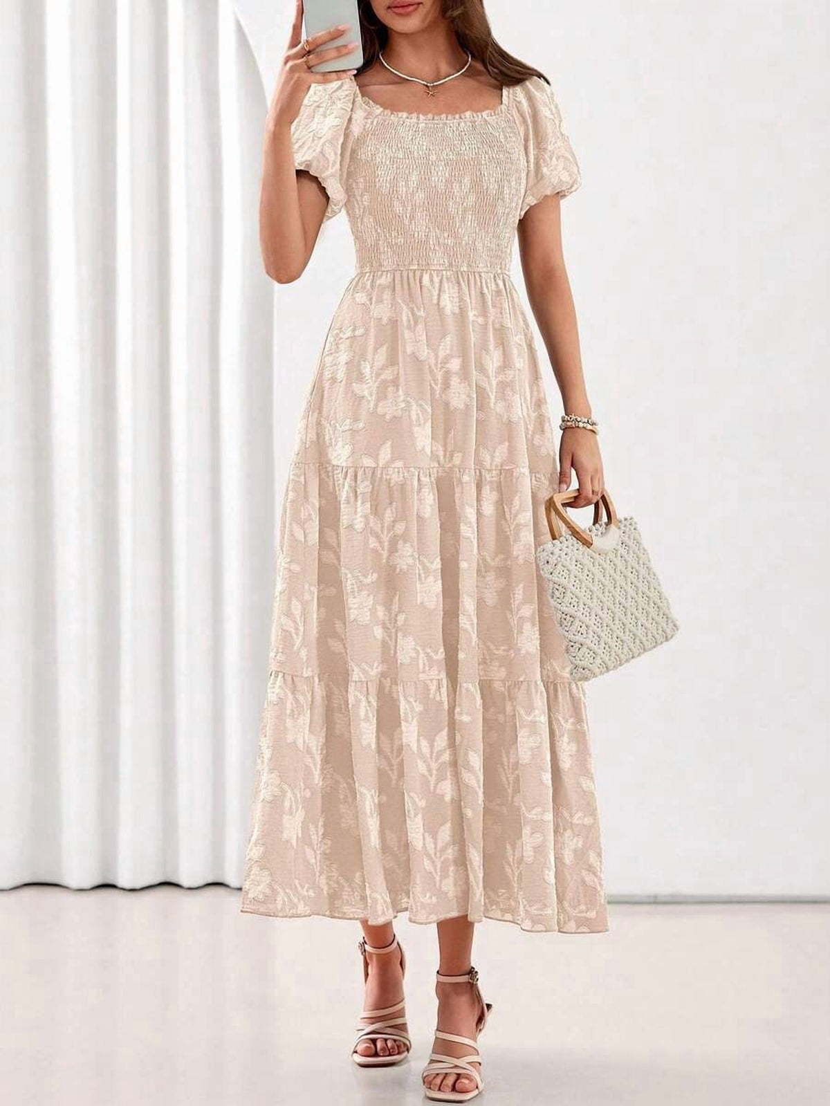 thumbnail image 1 of Beige Floral Tiered Maxi Dress Square Neck Short Sleeve Smocked Waist Flowy, 1 of 27