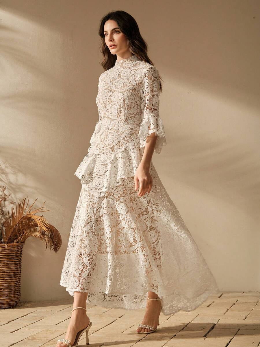 thumbnail image 1 of Beige Lace Overlay Midi Dress With Ruffle Hem And High Neck, 1 of 28