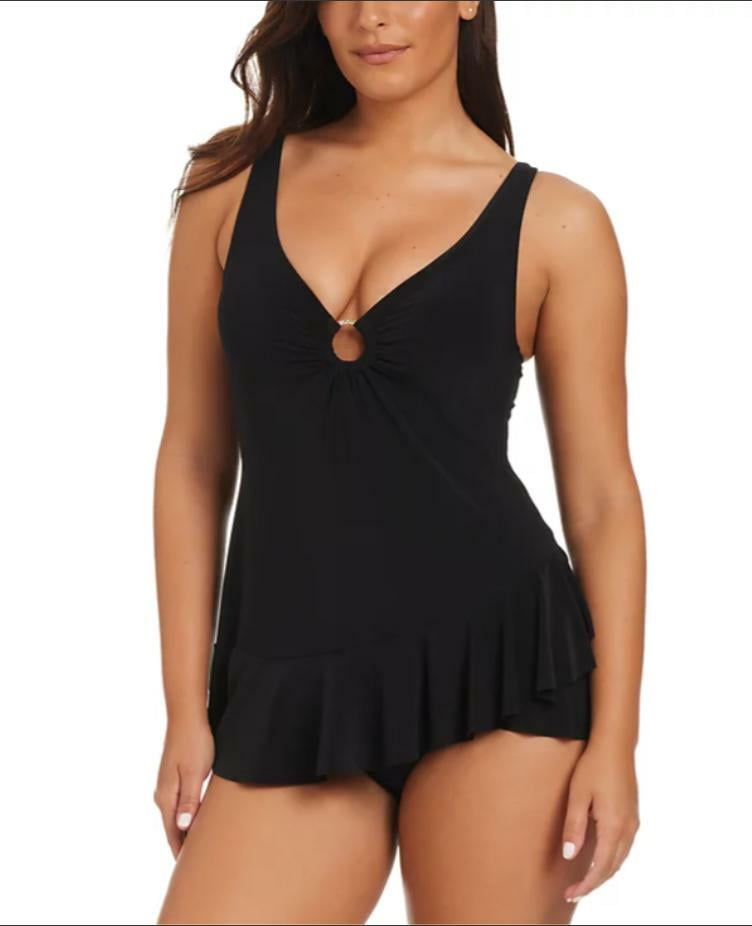 thumbnail image 1 of Beyond Control Women's Solid Essentials Black Ruffled Swim Dress 14, 1 of 2