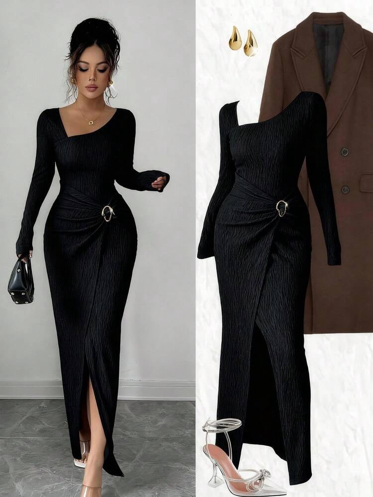 thumbnail image 1 of Black Asymmetrical Neck Long Sleeve Knitted Bodycon Dress with Twist, 1 of 7