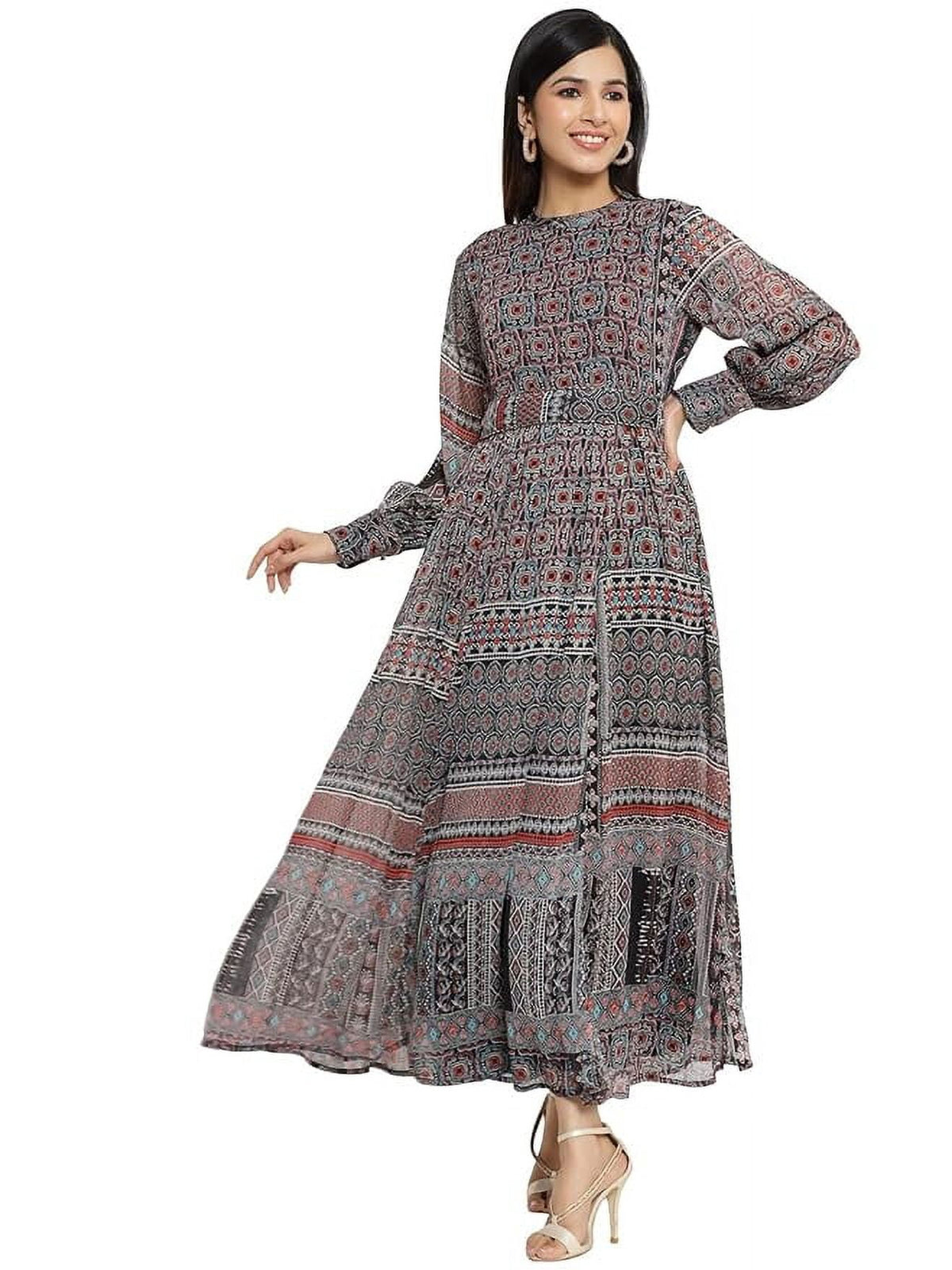 thumbnail image 1 of Black Geometric Printed Chiffon Flared Maxi Dress With Buttons., 1 of 2