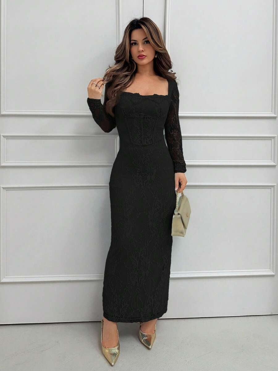 thumbnail image 1 of Black Lace Long Sleeve Square Neck Maxi Dress, 1 of 6