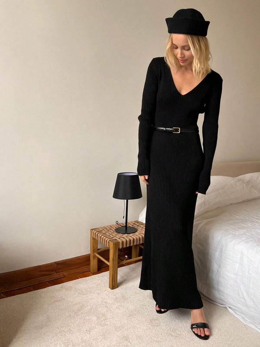 thumbnail image 1 of Black Womens Elegant Long Sleeve V-Neck Ribbed Knit Maxi Dress - Slim, 1 of 11