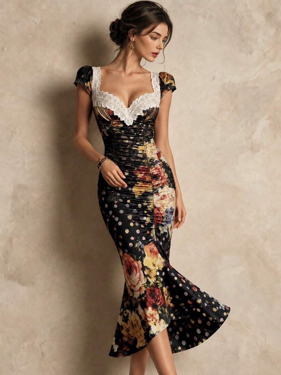 thumbnail image 1 of Black Womens Vintage Floral & Polka Dot Print Fitted Midi Dress, Summer, 1 of 9