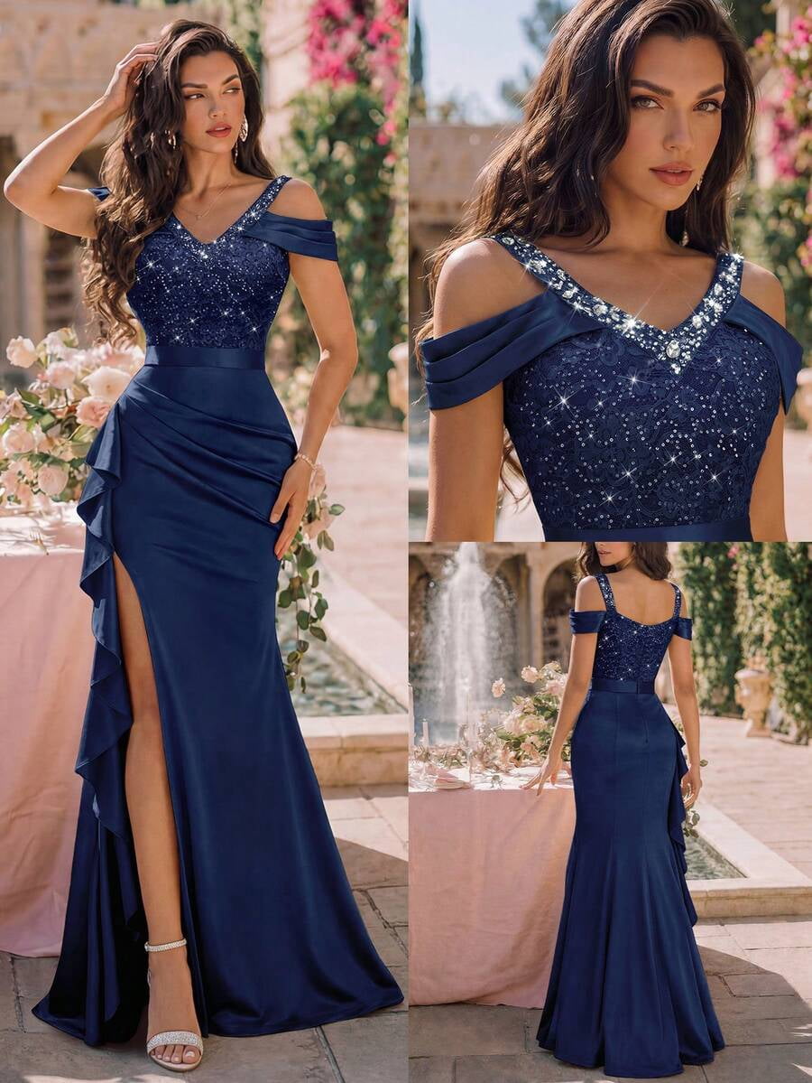 thumbnail image 1 of Blue Off Shoulder Sequin Bodice Satin Evening Maxi Dress With Side Ruffle, 1 of 10