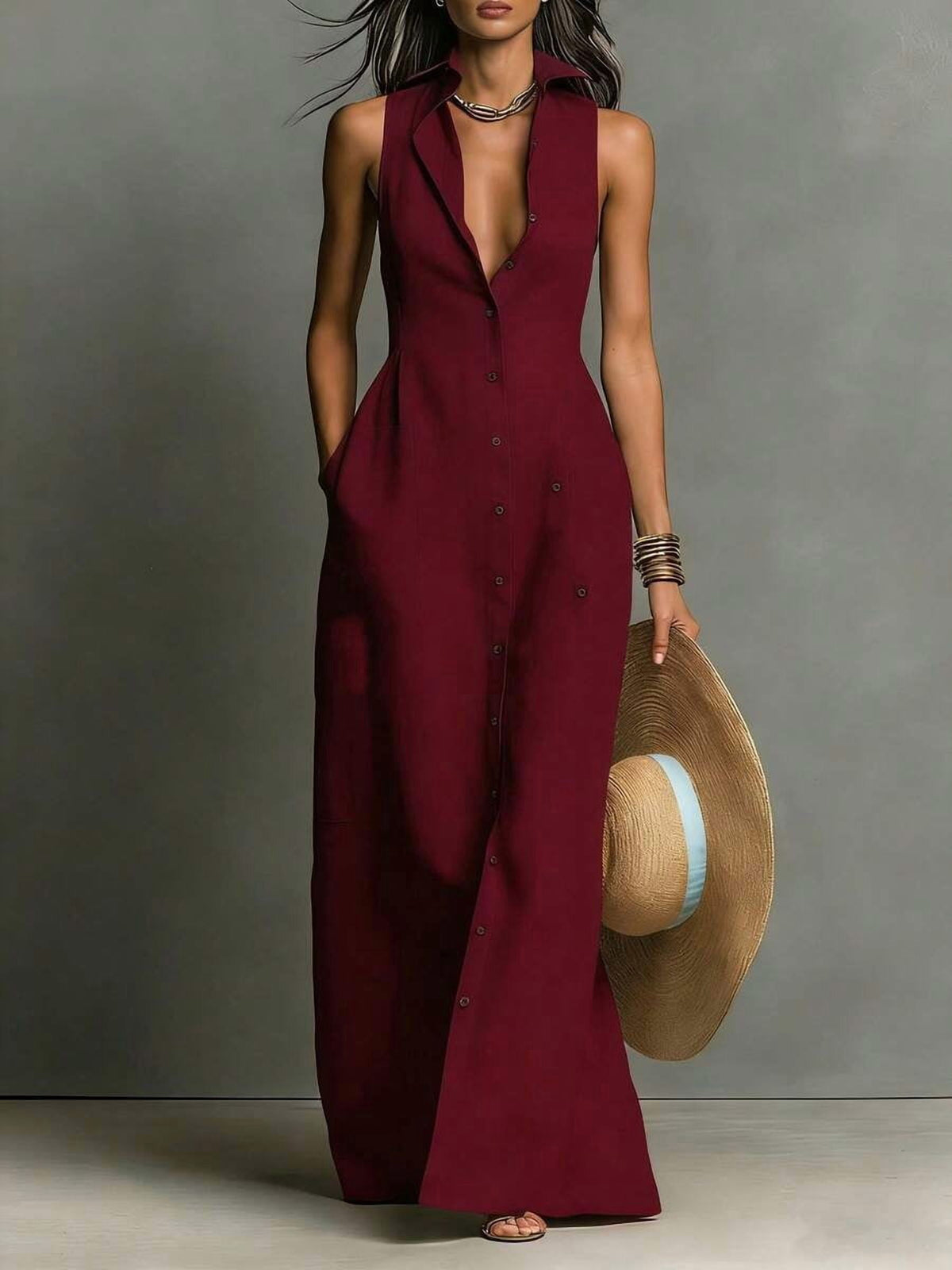 thumbnail image 1 of Burgundy Dress With Lapel Collar, Front Buttons And Side Pockets, 1 of 13
