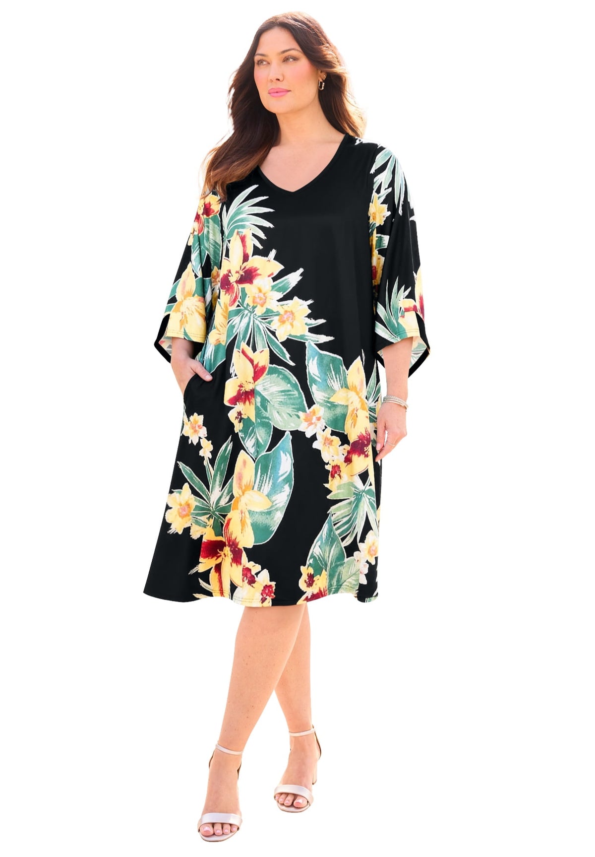 thumbnail image 1 of Catherines Women's Plus Size Angel Sleeve V-Neck Shift Dress, 1 of 3