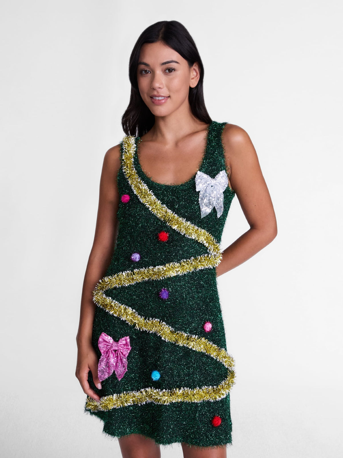thumbnail image 1 of Christmas Tree Tinsel Sleeveless Mini Dress by Holiday Time, Sizes XXS-XXL, 1 of 5