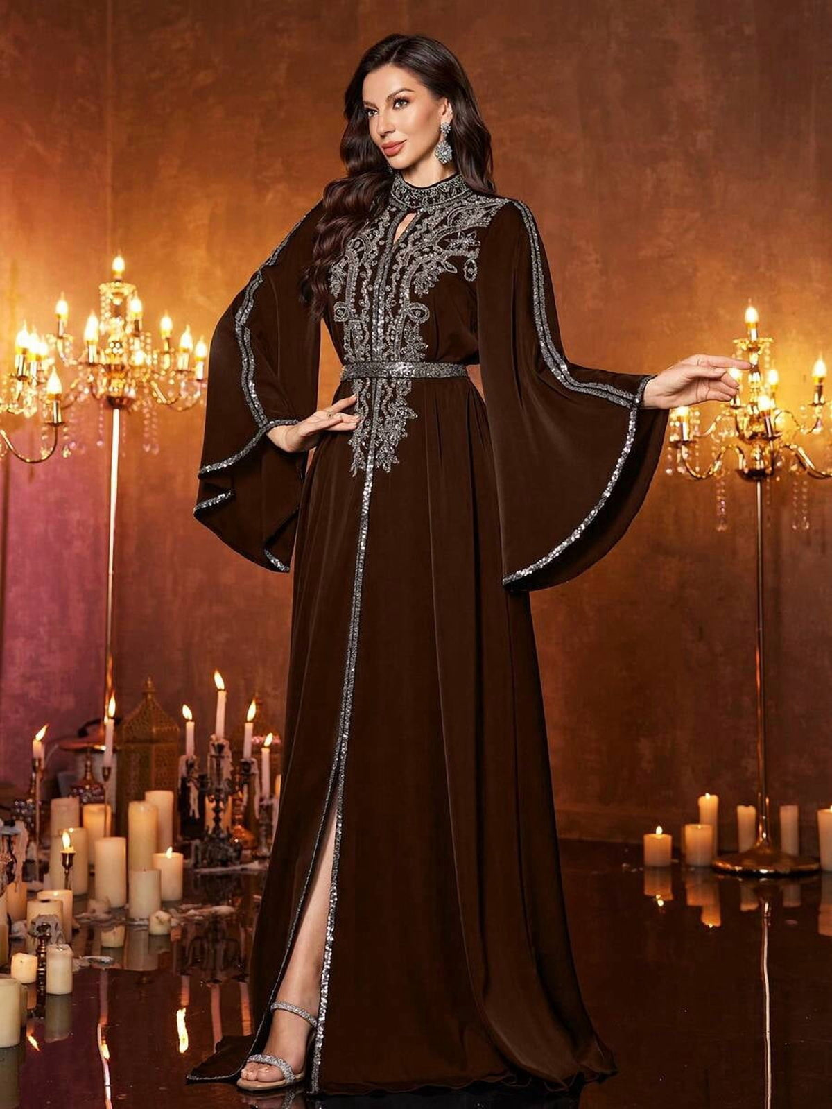 thumbnail image 1 of Coffee Brown Womens Luxury Evening Kaftan Maxi Dress Sequin Embroidered, 1 of 6