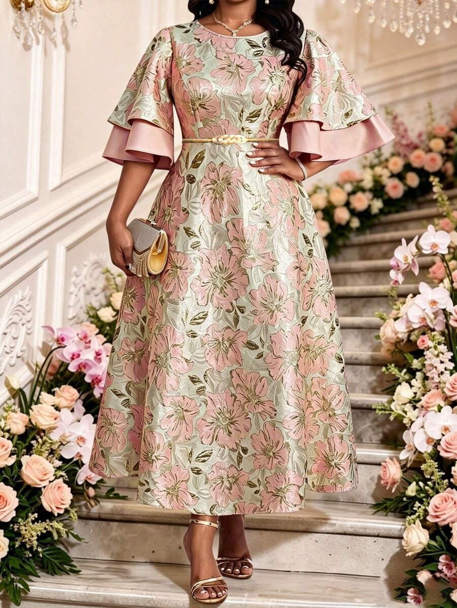 thumbnail image 1 of Coral Pink Floral Print Midi Dress For Women Elegant Bell Sleeves Plus, 1 of 6