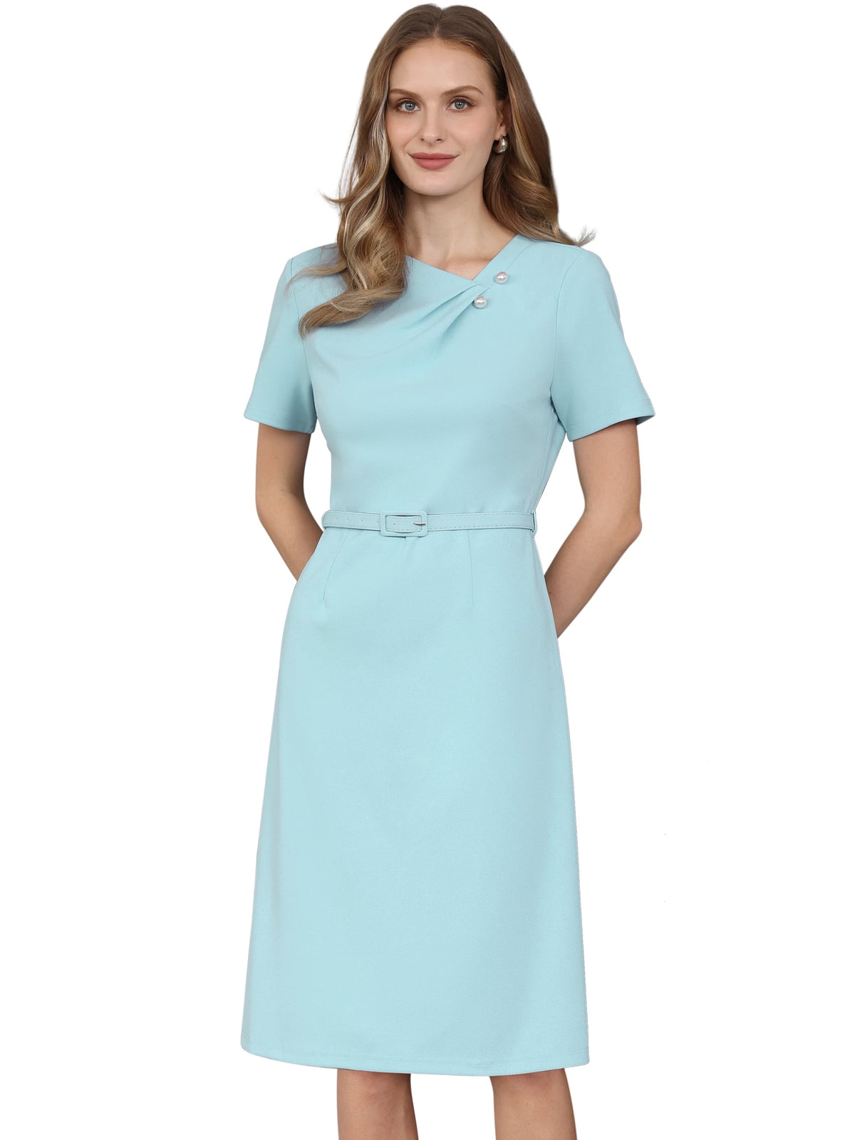 thumbnail image 1 of DARING DIVA Women's A Line Dress Short Sleeve Asymmetrical Neck Dresses S Light Blue, 1 of 7