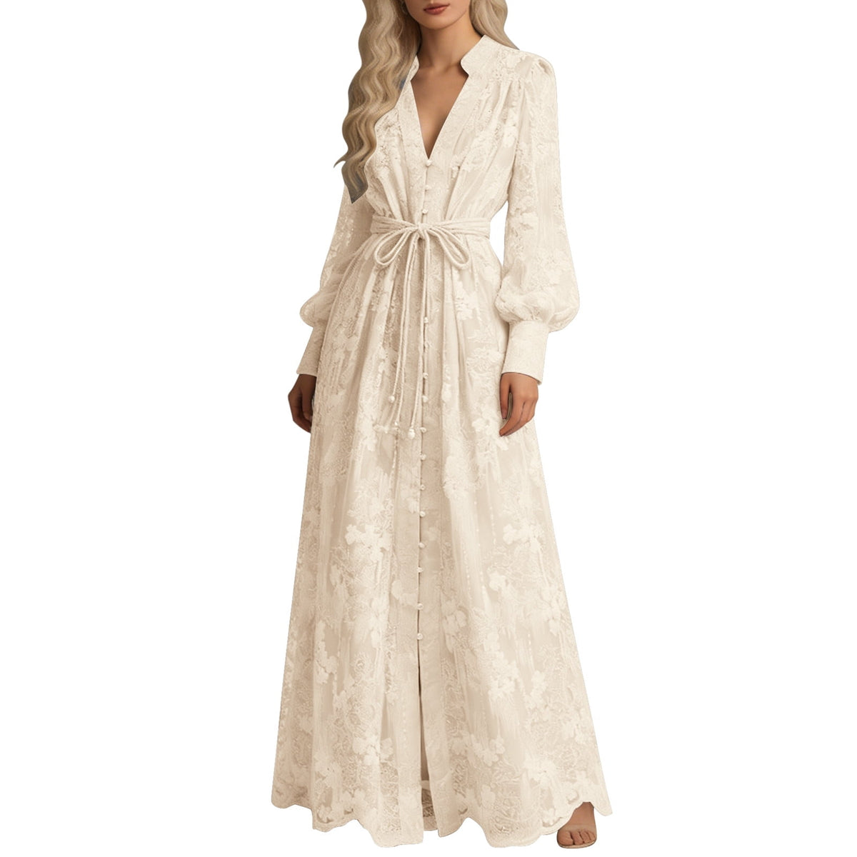 thumbnail image 1 of DHFJKG Boho Dresses For Women Floral Embroidery Deep V Neck Long Lantern Sleeve Maxi Dress With Matching Belt Trendy Dresses, 1 of 4