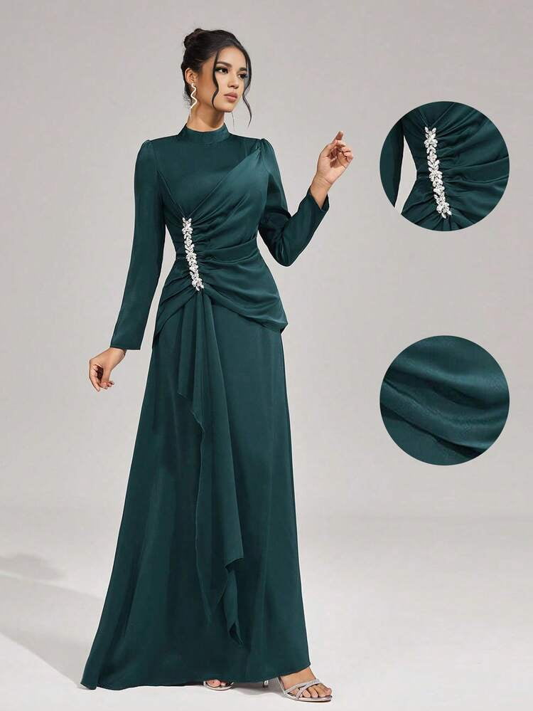 thumbnail image 1 of Dark Green Long Sleeve Formal Evening Dress with Beaded Ruching, 1 of 9