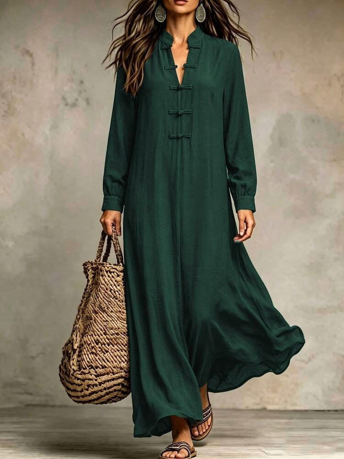 thumbnail image 1 of Dark Green Long Sleeve Mandarin Collar Frog Button Maxi Dress, 1 of 3