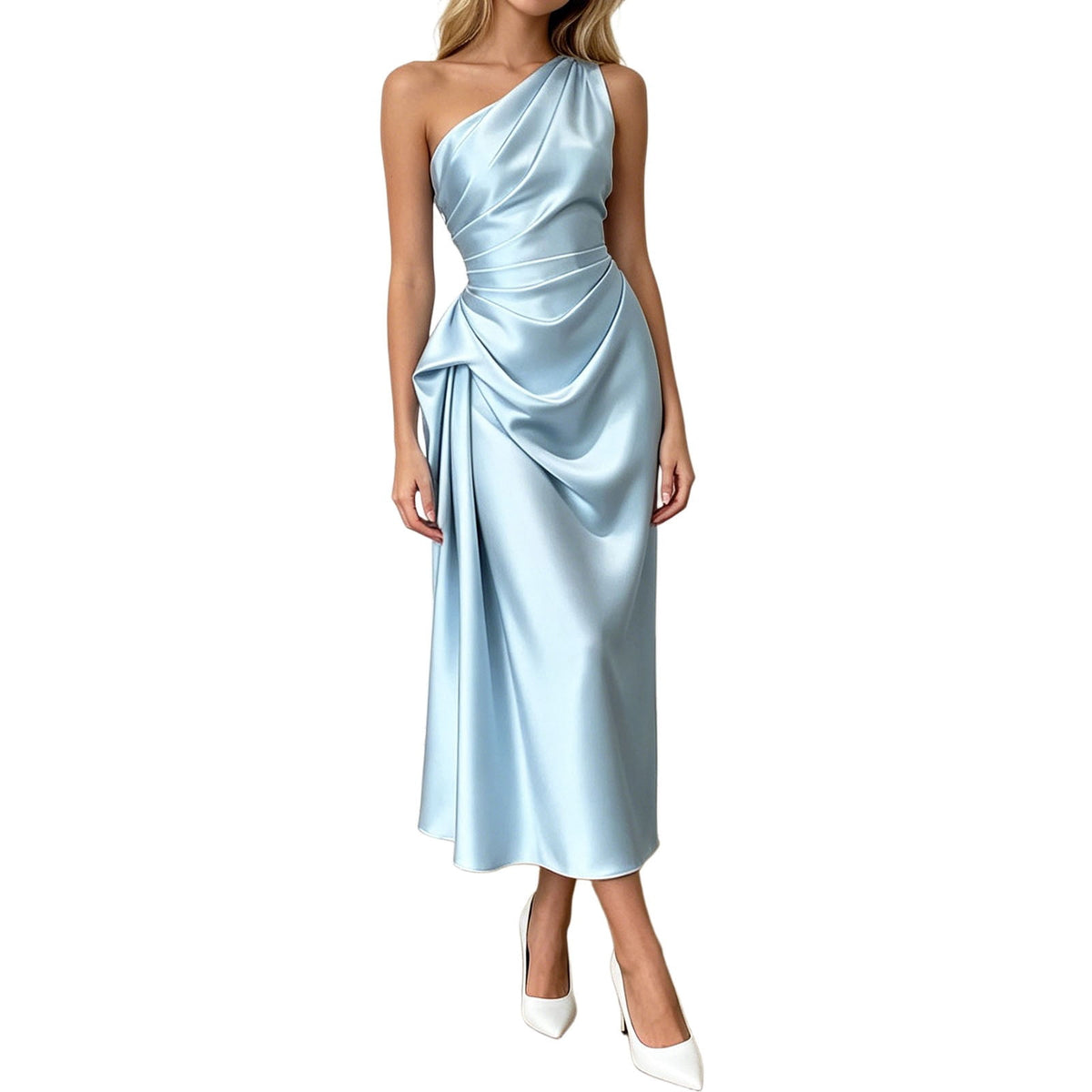 thumbnail image 1 of Dresses for Women Women's Satin Ruched Dress Strapless V Neck Sleeveless Formal Evening Gown with Waist Cinching Solid Maxi Blue L, 1 of 5