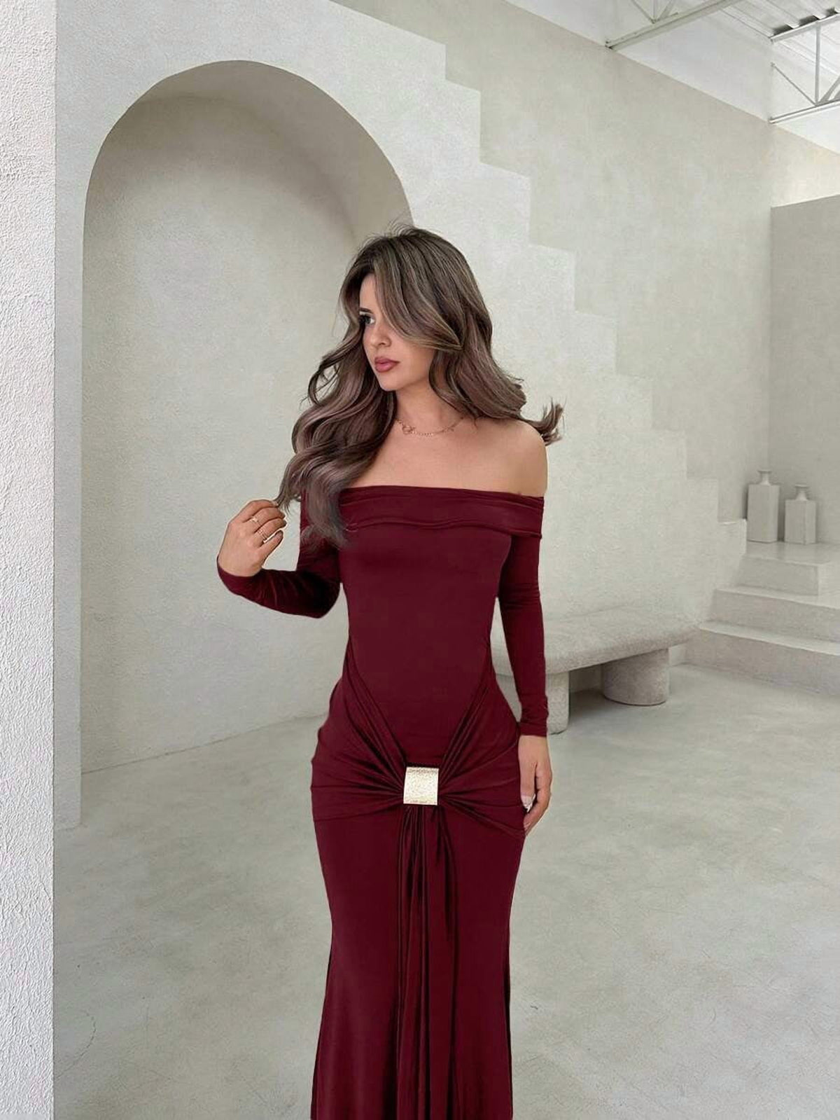 thumbnail image 1 of Elegant Burgundy Off-Shoulder Long Sleeve Maxi Dress with Ornamental Buckle, 1 of 6