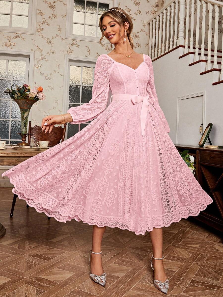 thumbnail image 1 of Elegant Pink Lace Fit & Flare Midi Dress With V-Neck And Belted Waist, 1 of 25