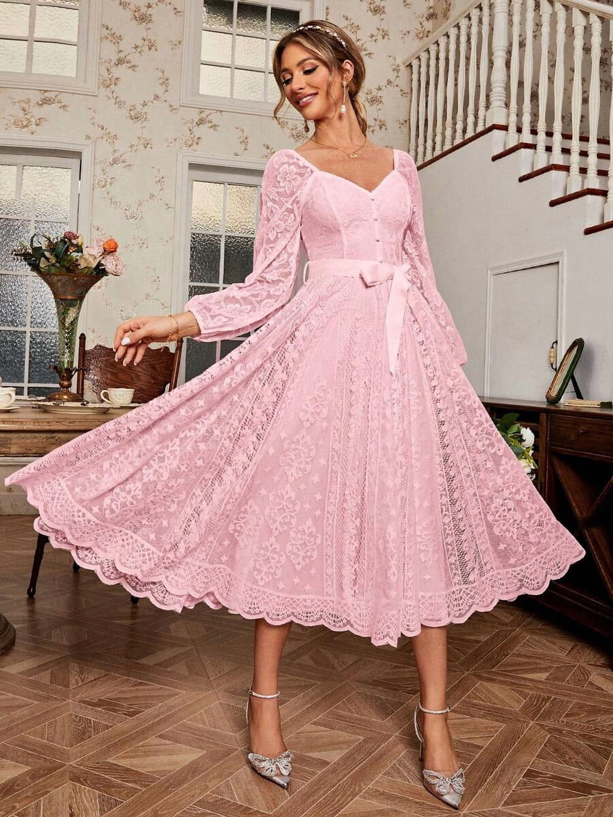 thumbnail image 1 of Elegant Pink Lace Fit & Flare Midi Dress With V-Neck And Belted Waist, 1 of 17