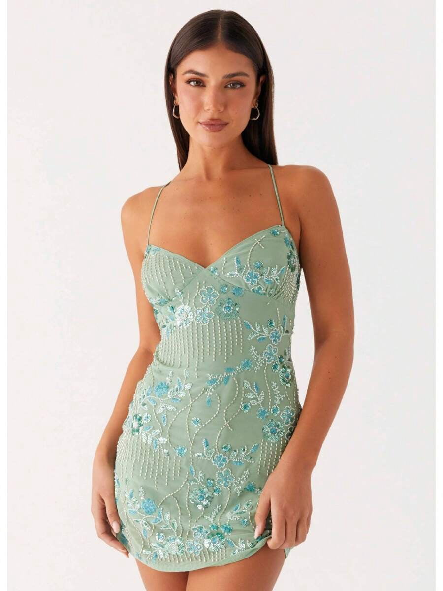 thumbnail image 1 of Emerald Green Beaded Floral Embroidered Bodycon Mini Dress With Spaghetti, 1 of 29