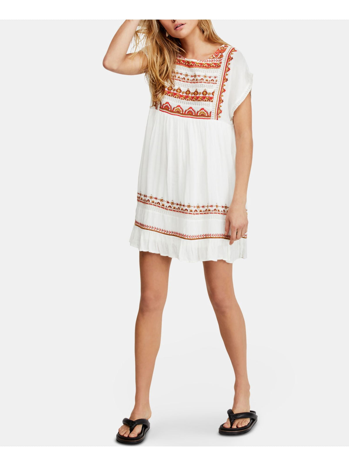 thumbnail image 1 of FREE PEOPLE Womens White Printed Short Sleeve Mini Shift Dress Juniors Size: L, 1 of 3